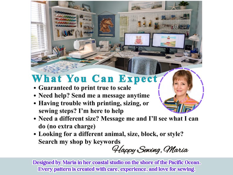 May include: A craft studio workspace featuring a sewing machine, two computer monitors displaying digital patterns, and pegboards holding various supplies. A circular portrait of a person and text detailing customer support services are included.