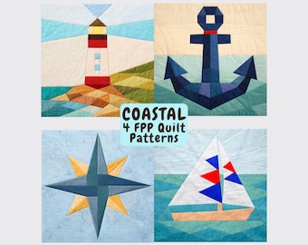 Coastal Quilt Pattern Bundle – Nautical Lighthouse, Sailboat, Compass, Anchor 12 inch Blocks (PDF)