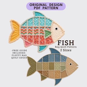 Patrón de colcha de retazos con diseño de peces, aplique con borde deshilachado, parche para sudadera, decoración de mesa, regalo para pescadores / PDF