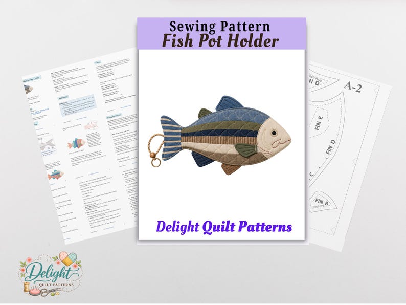 May include: A sewing pattern for a fish pot holder by Delight Quilt Patterns. The document features a quilted fish design with blue, olive, and beige stripes, a light-colored head, and a small hanging loop. Includes instructional text and templates.