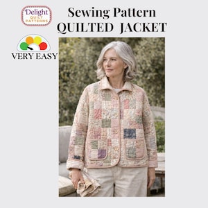 May include: A sewing pattern for a quilted jacket by Delight Quilt Patterns. The jacket features a patchwork design with muted floral squares in pink, green, and blue, a collar, front buttons, and two patch pockets. The text reads Sewing Pattern QUILTED JACKET and VERY EASY.