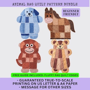 Animal Rag Quilt Pattern Bundle - Puppy, Horse, Monkey, Bear - Modern PDF Sewing Patterns