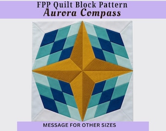 Aurora Compass Quilt Block Pattern and Pillow with Piping, Modern Star, Geometric, Gold Design
