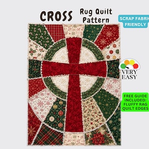 May include: A rectangular rag quilt featuring a central red cross design surrounded by festive holiday-themed fabric patches in red, green, and cream. The quilt displays patterns of candy canes, snowflakes, and poinsettias with frayed edges.