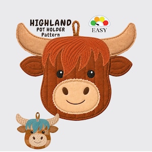 May include: A Highland pot holder pattern featuring a large brown cow face with tan horns, a beige muzzle, and a hanging loop. Text reads HIGHLAND POT HOLDER Pattern and EASY. A smaller version with blue hair and a plaid face is shown at the bottom left.