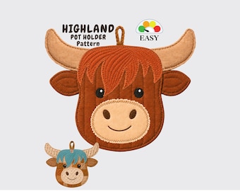 Highland Cow Hot Pot Holder Sewing Pattern, Quilted Pad, Gift, Kitchen, Home Decor | PDF