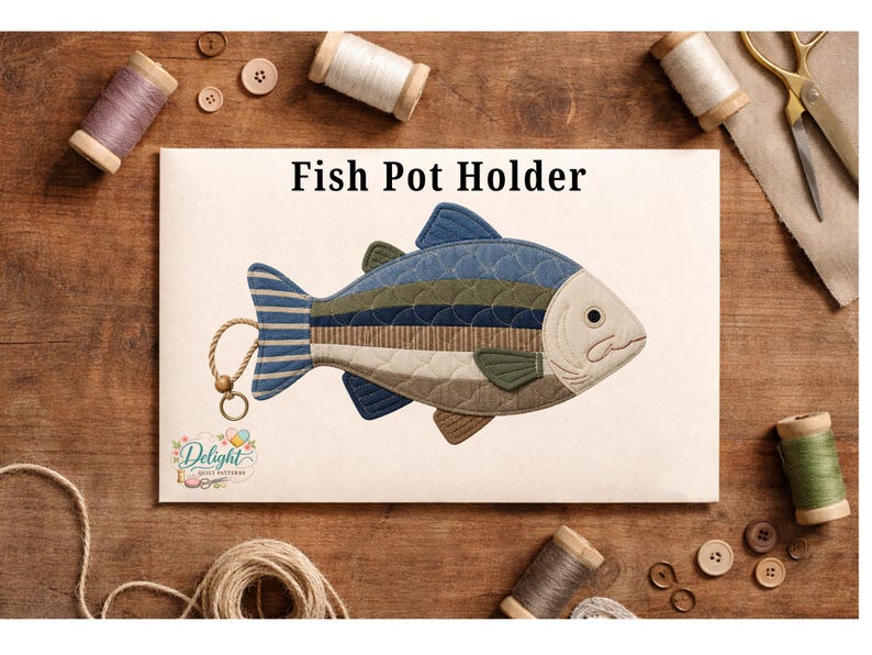 May include: A quilted fish pot holder featuring horizontal stripes in shades of blue, green, and beige, with a small rope loop and ring at the tail. The text "Fish Pot Holder" is printed above the fish, and a small logo is in the bottom corner.