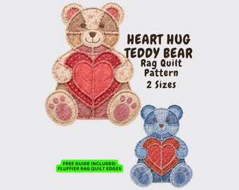 Teddy Bear Heart Rag Quilt Pattern,  Scrap Friendly Wall, Nursery, College Dorm Decor, PDF