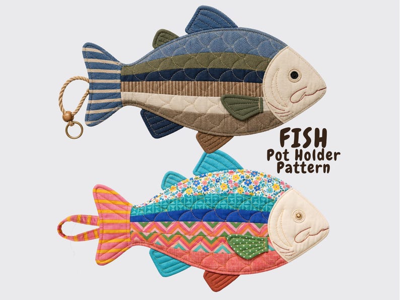 May include: Two quilted fish-shaped pot holders. The top fish features blue, olive, and brown horizontal stripes with a beige head and a rope loop. The bottom fish has colorful floral, chevron, and striped patterns with a beige head and fabric loop.