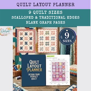 May include: A quilt layout planner featuring a dark blue cover with gold text, a white page showing a baby quilt diagram with measurements, and two sample quilt designs with star patterns. The text includes Quilt Layout Planner, 9 Quilt Sizes, Scalloped & Traditional Edges, and Blank Graph Pages.