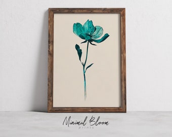 Turquoise Botanical Art Print, Watercolor Flower Illustration, Aqua Floral Decor, Minimalist Plant Art, Serene Nature Wall Art