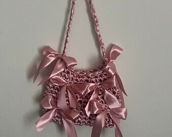 Crochet Pink Satin Ribbon Coquette Purse Shoulder Bag