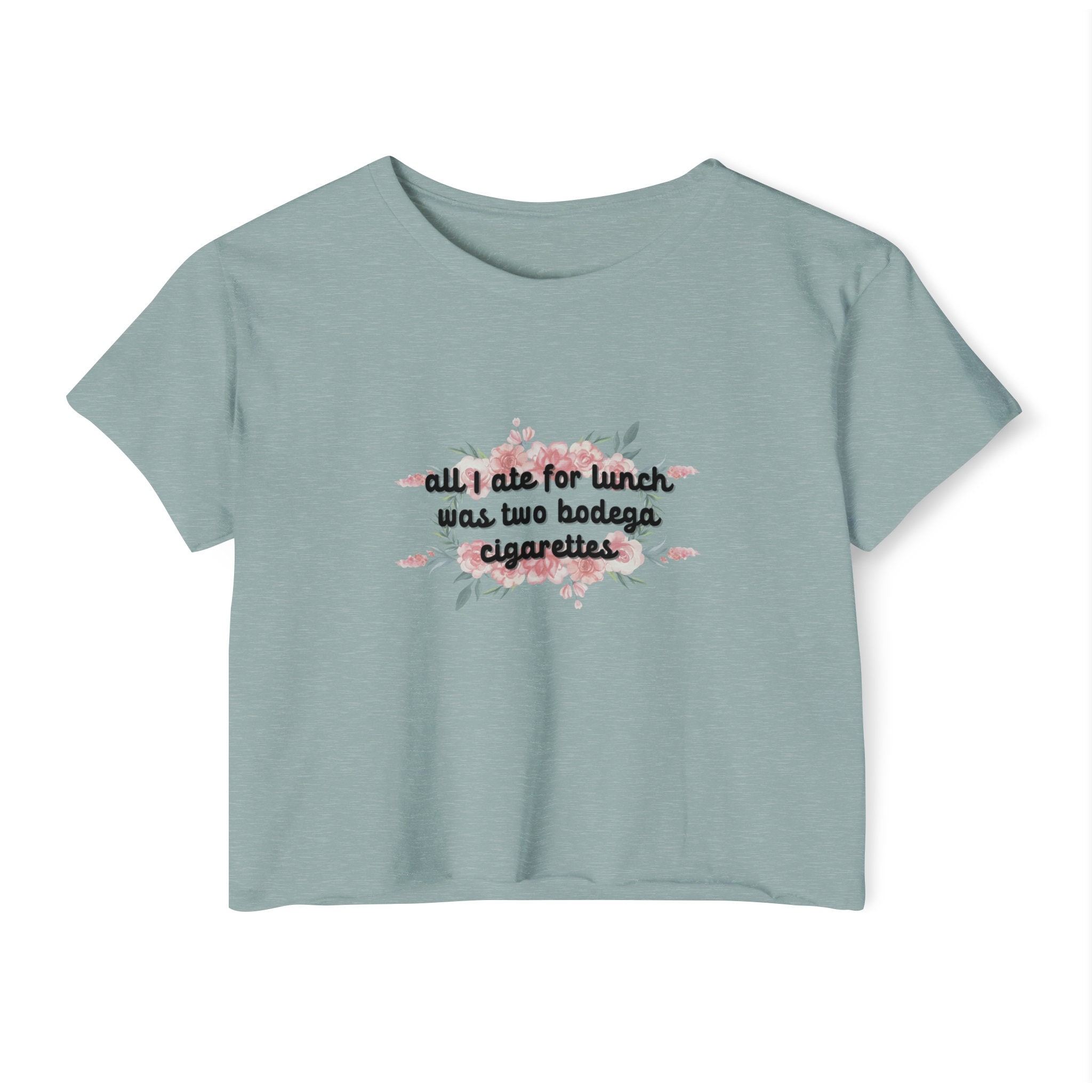 Bodega Crop, Ironic Bodega Cigarettes Lunch Quote Crop Top - White Floral  Graphic Tee for Street Style & Whimsical Urban Fashion