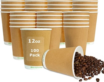 NOVOGREEN 12oz Compostable Rippled Paper Coffee Cups-Eco-Friendly, Disposable Cups for Hot Drinks, Natural Brown Checker Design, Pack of 100