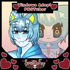 Op de afbeelding: Digitale illustratie van twee cartoonfiguren. Het personage links is blauw met een lichtblauwe hoodie en heeft kattenoren. Het personage rechts is lichtblauw met een lichtblauw-wit geruite jurk en heeft kattenoren. De tekst "Windows Adopt PNGTuber" staat bovenaan de afbeelding.