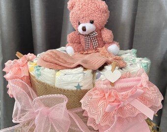 Nappy cake for a girl pink Princess, baby shower gift maternity present diaper cake