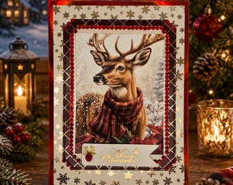 Biglietto di Natale rustico con renne / Biglietto di auguri natalizio con cervi fatto a mano / Elegante biglietto di auguri natalizio a tema bosco / Biglietto di Natale con strass rossi