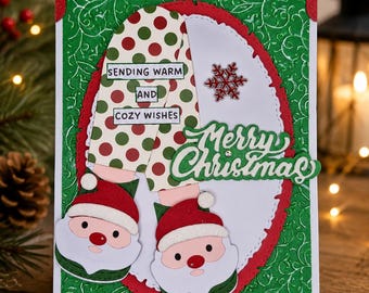 Biglietto di Natale con simpatiche pantofole di Babbo Natale / Biglietto di Buon Natale fatto a mano / Biglietto di auguri natalizio con auguri accoglienti / Biglietto di Natale speciale e carino