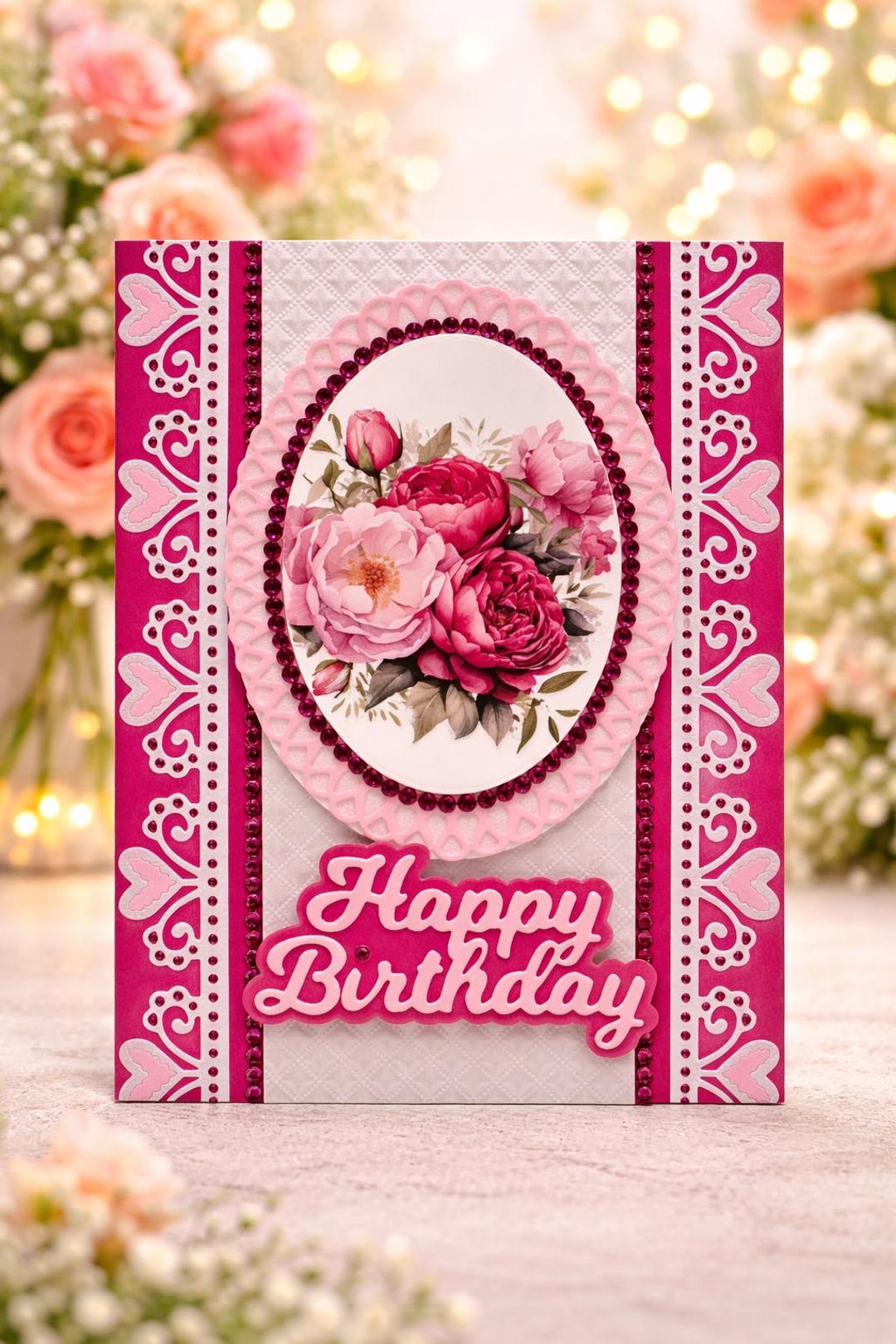 Handmade Pink Floral Happy Birthday Card - 3D Layered Roses With ...