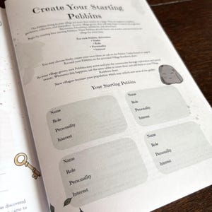 May include: A page from a book titled Create Your Starting Pebbins with instructions for naming and defining roles, personalities, and interests for four characters. The page features a small illustration of a key and a smiling stone-like creature.