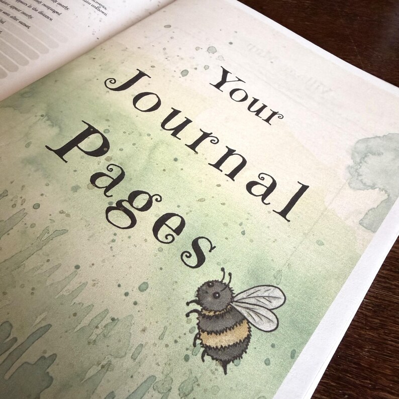 May include: A page from a journal featuring the black text Your Journal Pages printed in a decorative serif font. The background has a soft green watercolor wash with paint splatters and a small illustration of a fuzzy bumblebee.