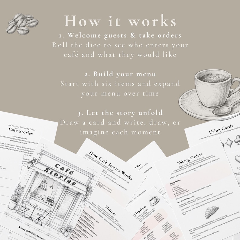 How the cozy café journaling game works with cards, dice, and storytelling elements