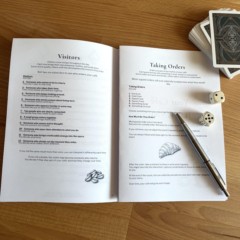 Inside pages of a cozy café journaling game showing rules and gameplay