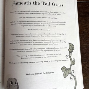 May include: A page from the solo journaling RPG Beneath the Tall Grass, featuring black text on a white background. The page describes the game premise, including the Pebbins creatures, and includes a small illustration of a vine and a character.