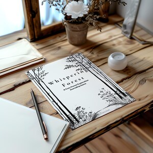 May include: A journal titled "Whispering Forest" with a black and white forest illustration, a pen, and a white candle on a wooden surface. The journal's subtitle reads "A Cozy Forest Exploration Journaling Game."