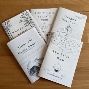 Könnte beinhalten: Fünf kleine Journale mit weißen Umschlägen und schwarzen Illustrationen und Texten. Titel sind "Whispering Forest", "Along the Quiet Shore", "The Bloom Season", "Dragon Hatchery" und "The Little Web". Auf einer Holzoberfläche angeordnet.