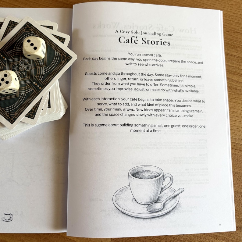 Cozy Café Journaling Game, Printable Solo RPG with Cards & Dice, Creative Writing and Storytelling Game, Relaxing Screen-Free Activity image 7