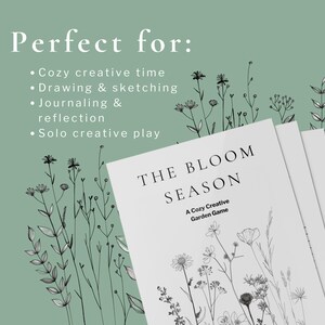 May include: A stack of white game cards with the text "THE BLOOM SEASON" and floral illustrations. The background is a light green with floral line art. The text "Perfect for:" and creative activities are also visible.