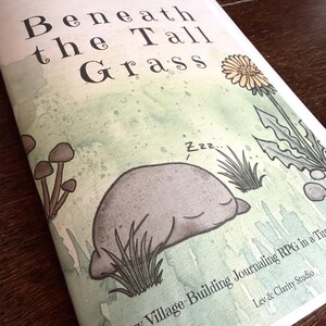 May include: A softcover book titled Beneath the Tall Grass with a watercolor illustration of a sleeping gray creature, brown mushrooms, and a yellow dandelion. The cover features text reading Beneath the Tall Grass and Lev & Clarity Studio.