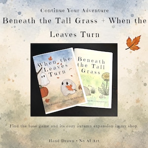 May include: Two softcover books titled When the Leaves Turn and Beneath the Tall Grass. The covers feature hand-drawn illustrations of a ghost, a pumpkin, and a small creature holding a leaf, set against a watercolor background with text.