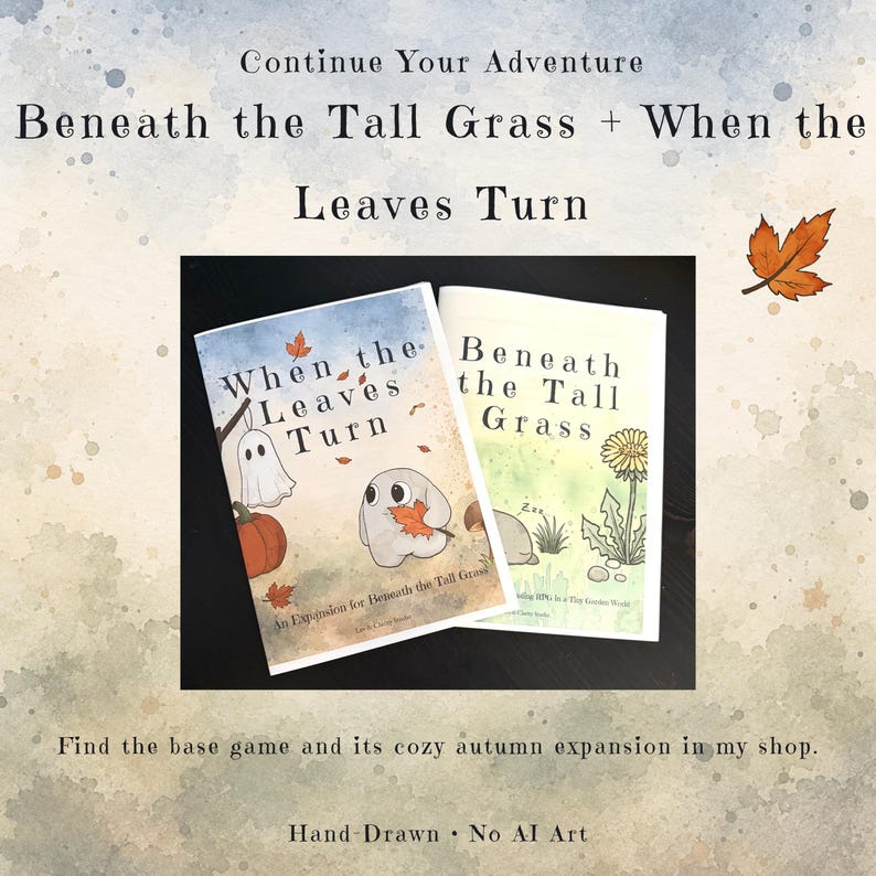 May include: Two softcover books titled When the Leaves Turn and Beneath the Tall Grass. The covers feature hand-drawn illustrations of a ghost, a pumpkin, and a small creature holding a leaf, set against a watercolor background with text.