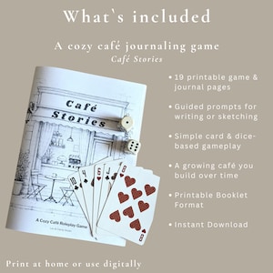 What is included in the printable café journaling game download