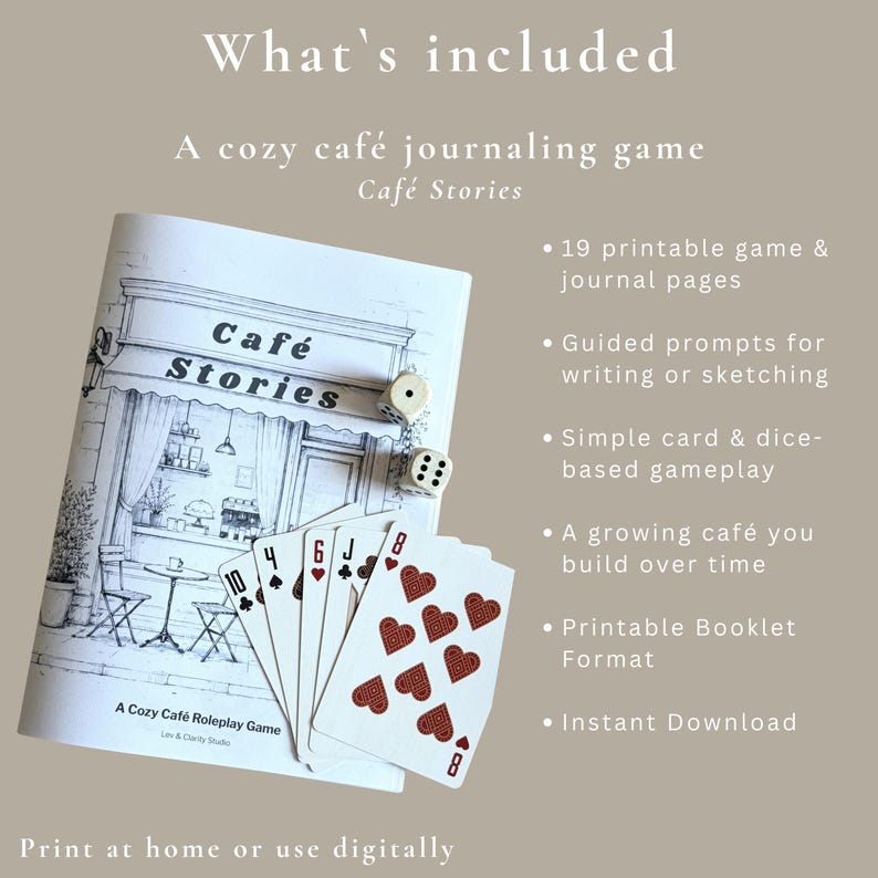 What is included in the printable café journaling game download