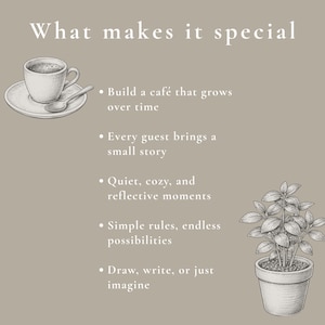 Features of a cozy café journaling game with relaxing and creative gameplay