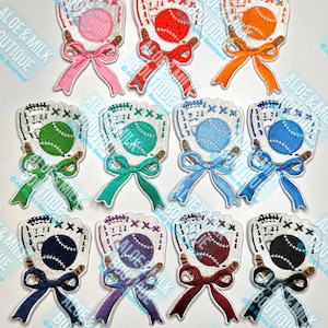 May include: Ten embroidered iron-on patches featuring baseball gloves and baseballs with bows in various colors. The patches are white with brown stitching and feature a variety of colored baseballs.