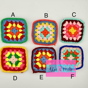 May include: Six colorful, square crochet pieces in a variety of colors, including green, red, yellow, blue, and pink. Each piece features a central floral design and a contrasting border. The pieces are labeled A through F.