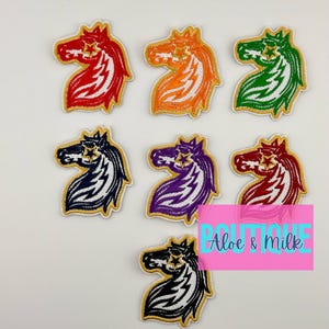 May include: Seven embroidered iron-on patches featuring a stylized horse head design with a star in its eye. The patches are in various colors including red, orange, green, black, purple, and blue.