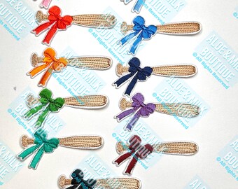 Embroidered Baseball Bat Patch with Bow: Iron-On Sports Applique
