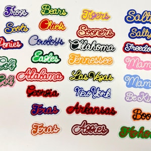 May include: A collection of colorful die-cut stickers featuring various words in cursive and script fonts, including Frogs, Bears, Tigers, Salty, Scots, Chiefs, Sooners, Ponies, Cowboys, Oklahoma, Freedom, Golf, Eagles, Tennessee, Mama, Alabama, Las Vegas, New York, Be Kind, Georgia, Texas, Arkansas, Boo, Aggies, and Hohoho.