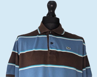 Vintage Lacoste Men's Polo Shirt 2XL Brown & Blue stripes 100% cotton short sleeve point collar