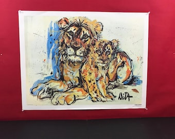 This artwork is titled “The Lioness and Cub” an expressive, mid-century modern wildlife piece by artist Dita.