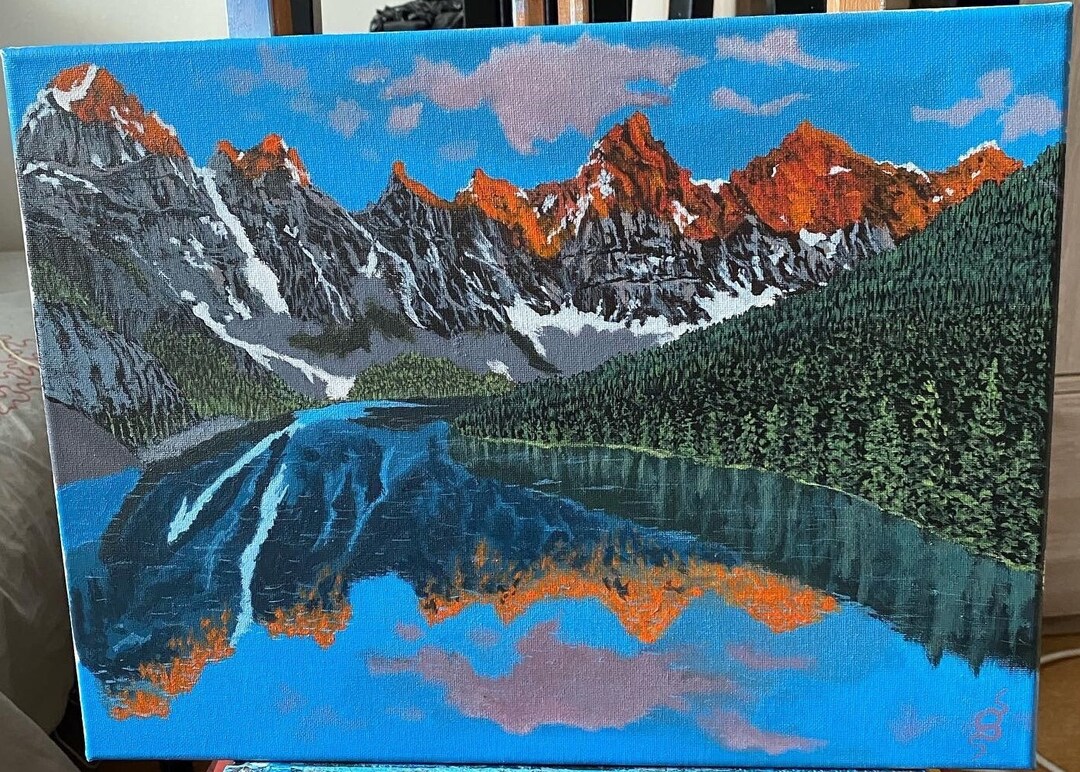 オリジナルのアクリル画、湖に映る山の風景 - Etsy 日本