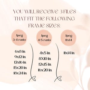 May include: A graphic showing three different sizes of JPEG images that are available for purchase. The sizes are 3:4 ratio, 4:5 ratio, and 11x14. The image shows the different sizes of prints that are available in inches. The sizes are 6x8, 9x12, 12x16, 15x20, and 18x24 inches.