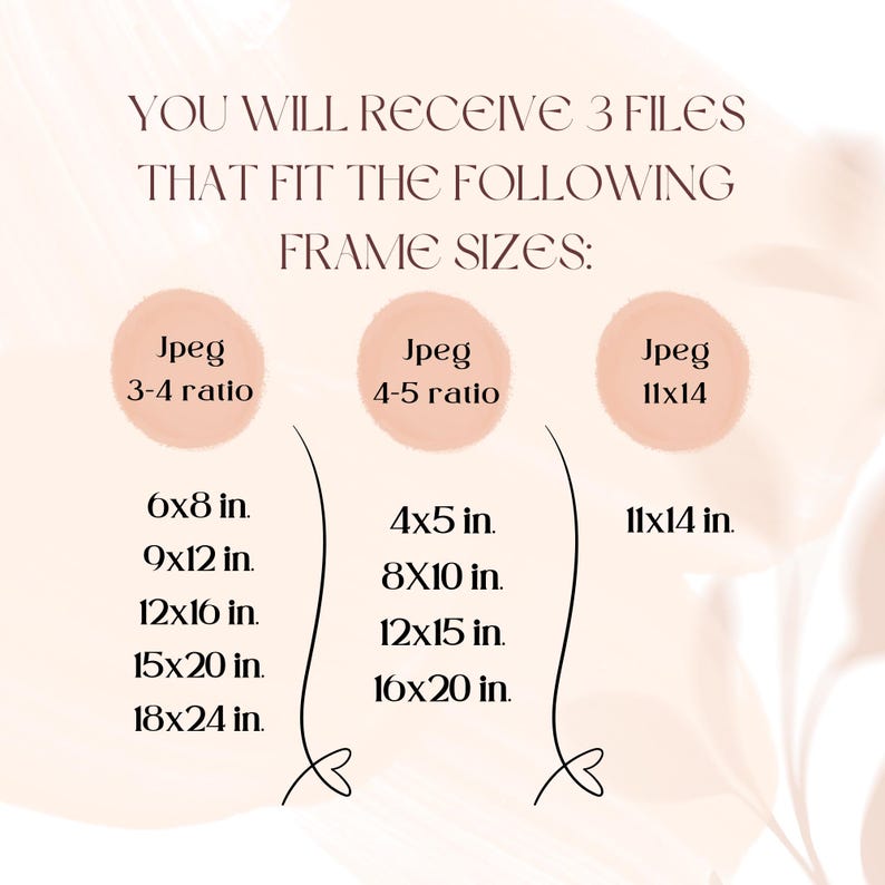 May include: A graphic showing three different sizes of JPEG images that are available for purchase. The sizes are 3:4 ratio, 4:5 ratio, and 11x14. The image shows the different sizes of prints that are available in inches. The sizes are 6x8, 9x12, 12x16, 15x20, and 18x24 inches.