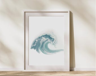 May include: A framed print of a blue watercolor wave crashing on a white background.