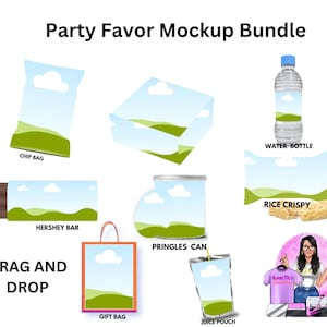May include: A mockup bundle of party favors with a blue sky and green hills design. The bundle includes a chip bag, Hershey bar, Pringles can, rice crispy treat bag, water bottle, juice pouch, and gift bag.